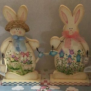 Set of 2 Wooden Easter Bunnies, New
